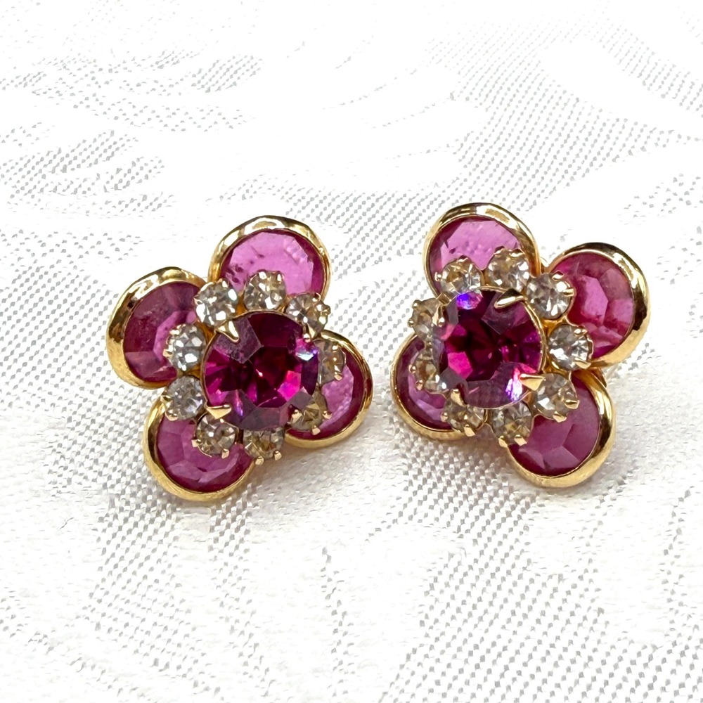 Vintage‎ Magenta Pink/Light Purple Glass Rhinestone Flower Earrings